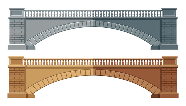Classical stone arch bridge collection featuring gray and brown brick overpass structures with balustrade railings vector illustration
