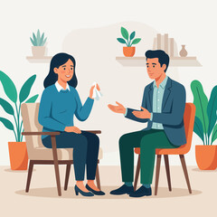 Obraz premium Psychologist counseling session: woman sharing feelings with therapist in a calm, modern office with plants.