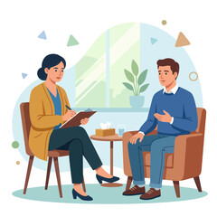 Obraz premium Psychologist counseling a patient, mental health therapy session, support, and care vector illustration