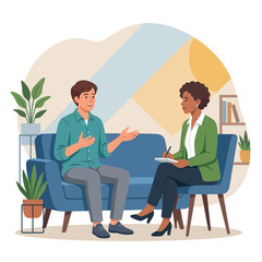 Fototapeta premium Psychologist Counseling Session: Man Talking to Therapist on Sofa in Modern Office