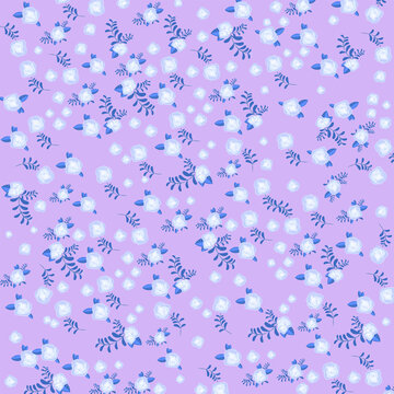 Seamless pattern with small white roses and blue leaves on a purple background
