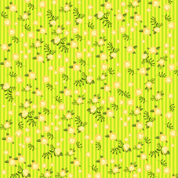 Yellow floral pattern with green vertical stripes and spring blossom art