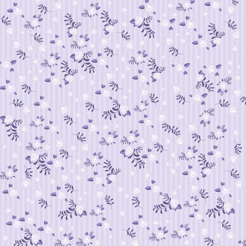 Purple floral pattern with small white roses and leaves on striped background