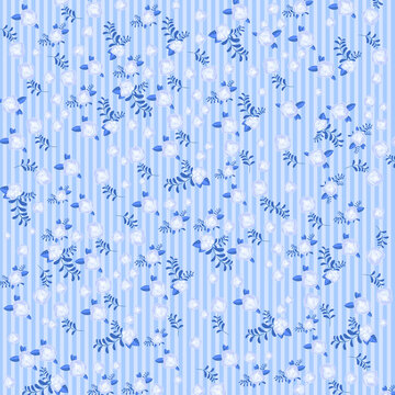 Blue floral pattern with delicate roses and stripes for textile design
