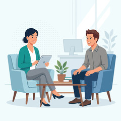 Obraz premium Therapist and patient discussing issues during a counseling session. Vector illustration showing mental health support.