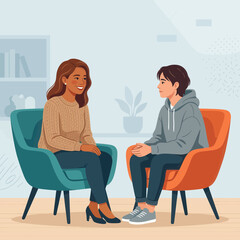 Fototapeta premium Therapist and Patient Discussing Issues in a Calm and Modern Office Setting, Vector Illustration