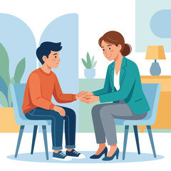 Obraz premium Therapist comforting a patient by holding hands, symbolizing support and empathy in a modern, minimalist office setting.
