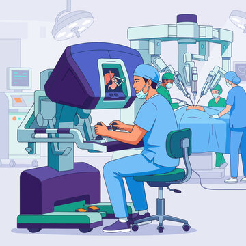 Surgeon operating robotic surgical system in modern operating room, advanced medical technology