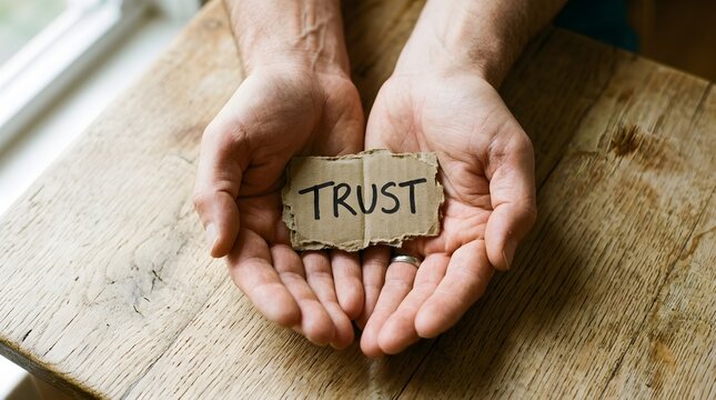 Close Up of Male Hands Cupped Together Holding a Torn Piece of Cardboard with the Handwritten Word Trust