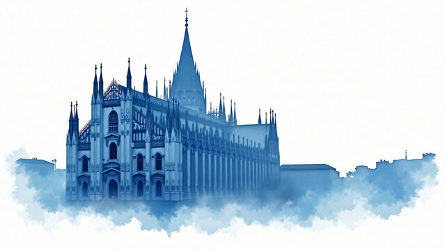 Blue watercolor silhouette of Duomo di Milano on white background with clean composition and expressive brushstrokes