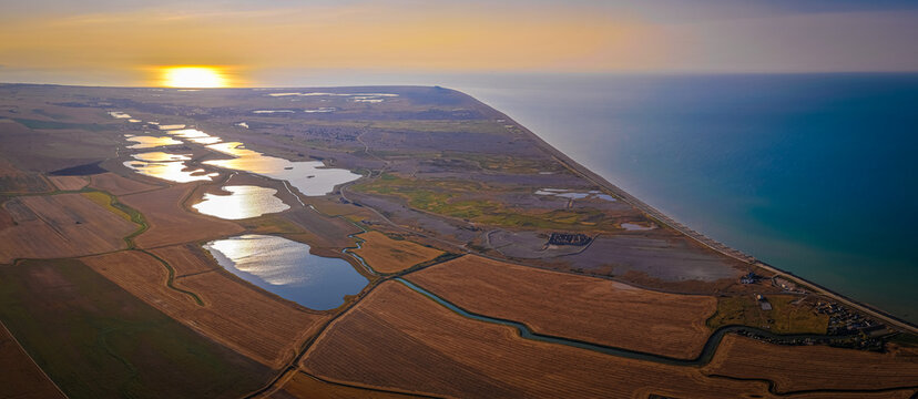 Camber Sands Aerial View After Sunrise Along the East Sussex Coast England