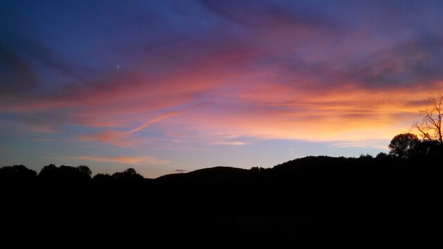 sunset in the mountains, sunset with half moon 
