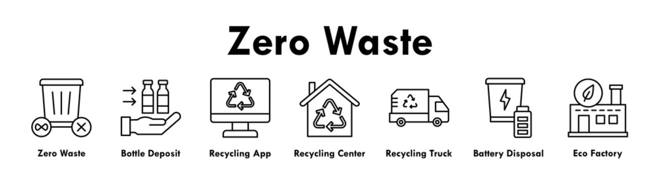 Zero Waste banner web icon illustration concept with icon of zero waste, bottle deposit, recycling app, recycling center, recycling truck, battery disposal, and eco factory