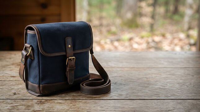 Blue canvas and leather shoulder bag resting on a rustic table