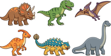 Cute cartoon baby dinosaurs collection vector illustration set featuring tyrannosaurus rex triceratops pterodactyl and brachiosaurus isolated on white background © Md