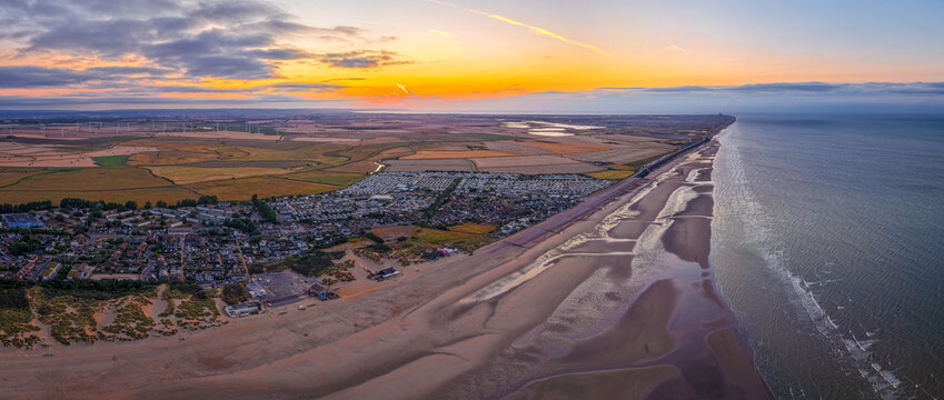 Camber Sands Caravan Parks Aerial View at Sunset in East Sussex England