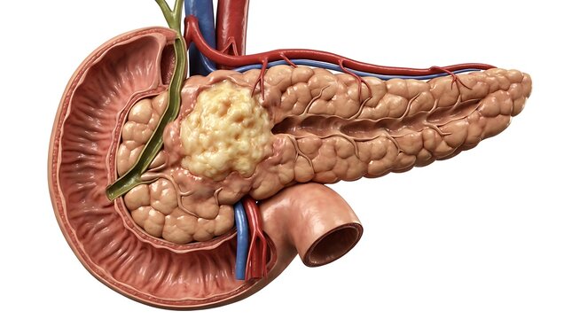 Pancreatic Cancer Anatomy Illustration Showing Malignant Tumor Growth in Human Pancreas with Surrounding Digestive Structures