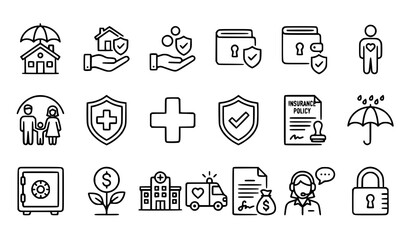 Fototapeta premium Insurance Business Thin Line Vector Icon Set for Property Money Life and Health Protection