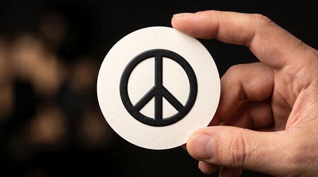 Hand holding a circular card with a black peace symbol