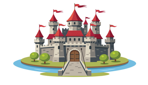 Medieval royal castle vector illustration with stone towers red rooftops flags and drawbridge isolated on white background