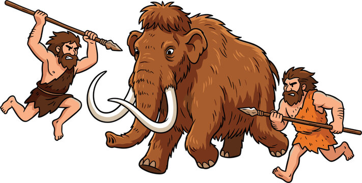 Primitive cavemen hunting woolly mammoth with spears vector illustration prehistoric stone age scene isolated on plain white background