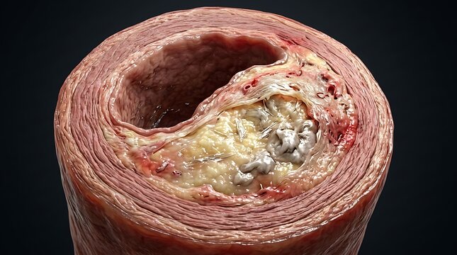 Advanced Atherosclerosis Cross Section Showing Cholesterol Plaque Calcification and Narrowed Artery Lumen in High Resolution Medical Illustration