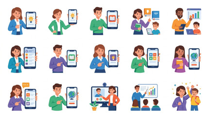 Fototapeta premium Diverse cartoon people using smartphones and tablets.
