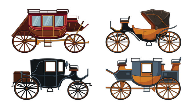 Vintage horse carriage vector set featuring retro stagecoaches royal broughams and old passenger buggies isolated on white background