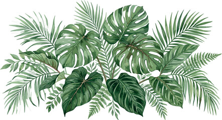 Obraz premium Tropical jungle leaves border arrangement with monstera and palm fronds watercolor style vector illustration isolated on white background for banner design.