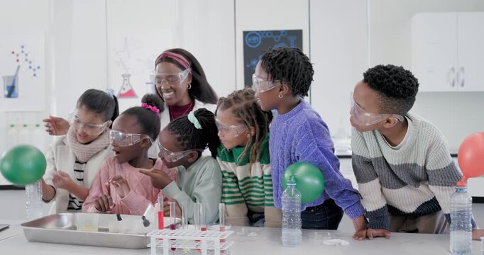 African American woman teacher leading kids in lab, teaching, balloon inflating by bottle