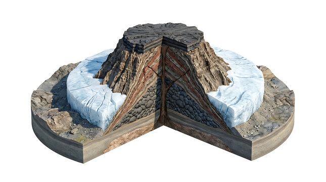 Isolated geological cross section model of a mountain with layers and ice on white