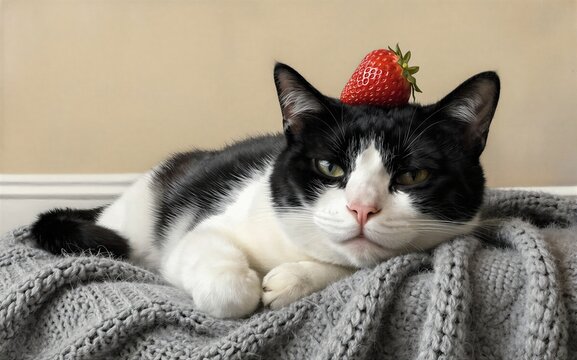 Black and white cat lounges on gray knit blanket with a strawberry atop its head.