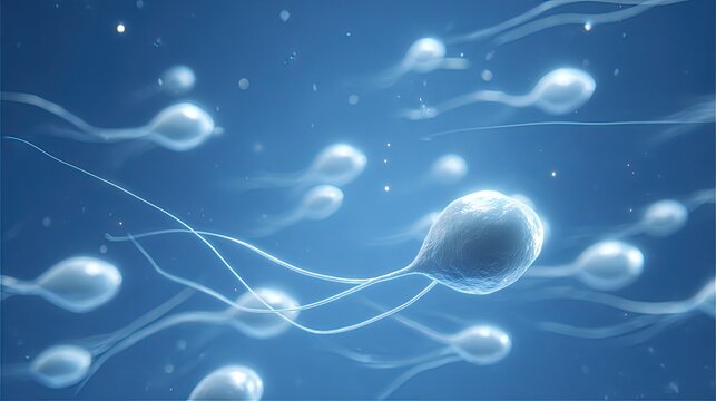 3D rendered microscopic illustration of sperm cells, human biological germ cells, fertility science and reproductive medicine background material