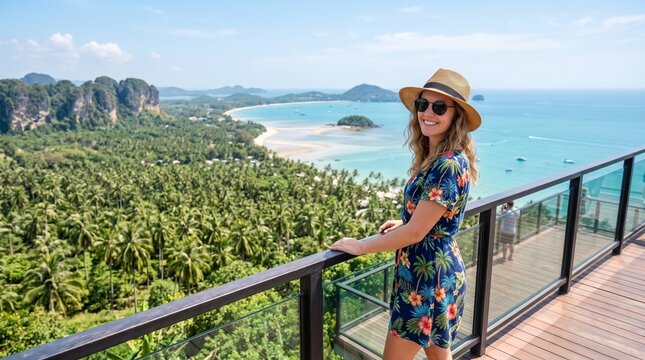 Commercial travel lifestyle photography of a smiling female tourist wearing a straw hat and floral print dress at a high viewpoint overlook &ndash; tropical resort advertising, summer vacation campaign, coa