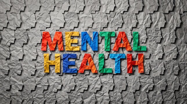 Mental health text in colorful crumpled paper over head silhouettes