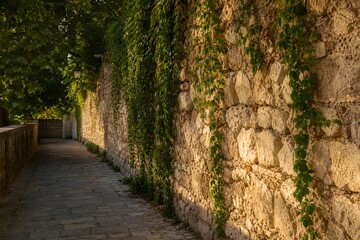 Fototapeta premium Pedestrian Walkway Along Old Stone Wall With Climbing Vines Warm Sunlight And Rustic Textures Photography