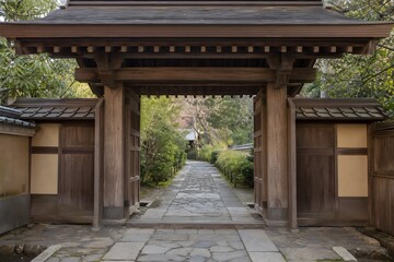 Fototapeta premium Traditional Wooden Gateway Above Stone Pedestrian Path With Tranquil Historic Garden Atmosphere And Symmetry Photography