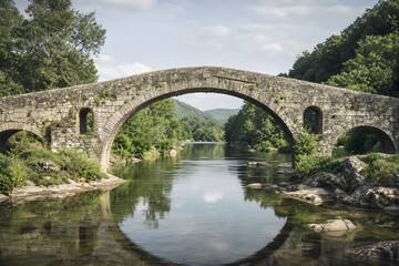 Fototapeta premium Historic Stone Pedestrian Bridge With Arched Structure Above Calm River In Timeless Scenic Setting Photography