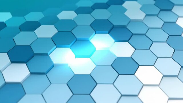 3D abstract geometric background featuring a pattern of blue and white hexagonal tiles with a glowing blue light wave scanning across the surface and shallow depth of field.
