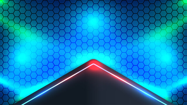Futuristic gaming background with blue neon hexagon pattern and dark tech triangle border, cyberpunk banner wallpaper and digital stream template design