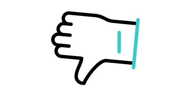 Animated hand thumbs down dislike icon loop motion graphic, negative feedback review and user disapproval symbol, isolated on white background