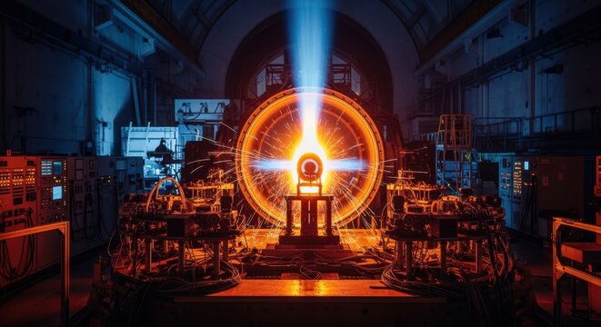 Nighttime view of hypersonic wind tunnel facility illuminating test section during intensive scramjet propulsion testing session.