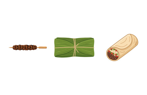Traditional street food icons featuring a meat skewer, wrapped tamale, and delicious burrito