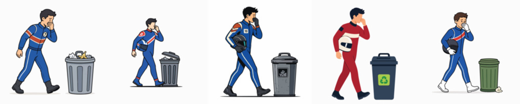 Vector set of a male racer covering his nose due to the smell of trash.