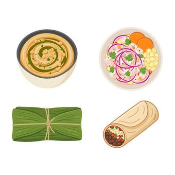 Collection of traditional Peruvian food illustrations including ceviche, burrito, tamale and soup
