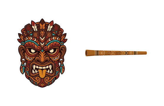 Vector illustration of an intricate tribal tiki mask and a traditional wooden didgeridoo