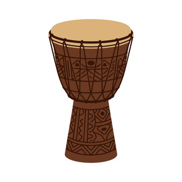 Vector illustration of a traditional African djembe drum with intricate carved patterns