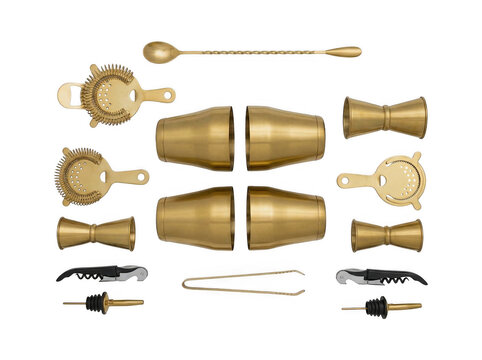 Set of assorted brass cocktail bar tools for mixology with cocktail mixology strainer bartender equipment