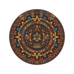 Obraz premium Aztec Calendar Sun Stone Vector Illustration with Colorful Tribal Geometric Patterns