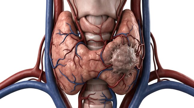 Realistic Thyroid Carcinoma Medical Illustration Showing Cancerous Nodule Endocrine Organ Anatomy and Neck Vasculature for Healthcare Education